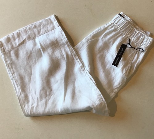 Tahari Essentials 100% Linen White Wide Leg Elastic Waist Cropped Pants L NWT