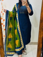 Pakistani Indian Kurta Suit Blue Cotton Embroidery Kurti Pant Dupatta Set Dress