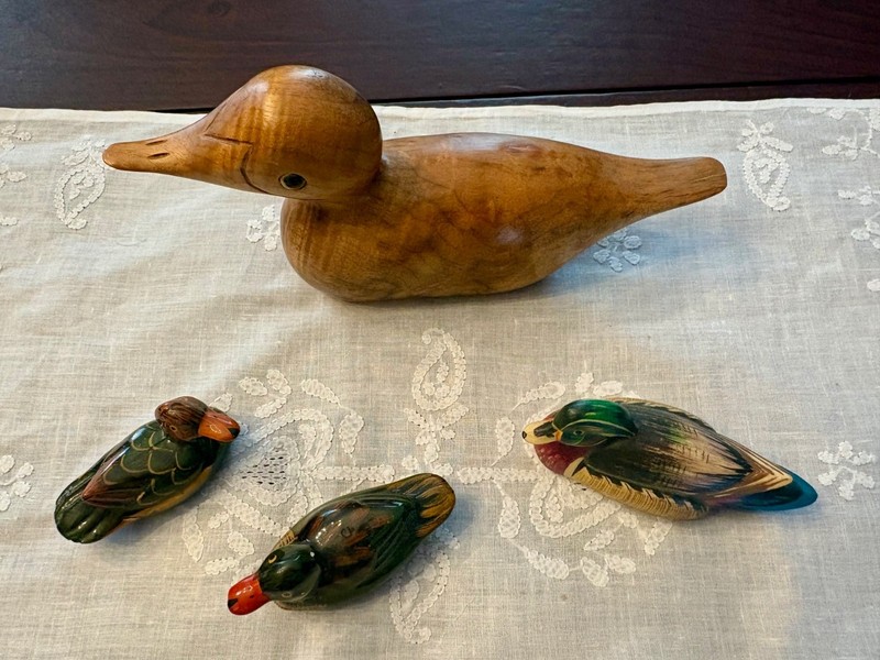 Hand carved myrtle wood duck family
