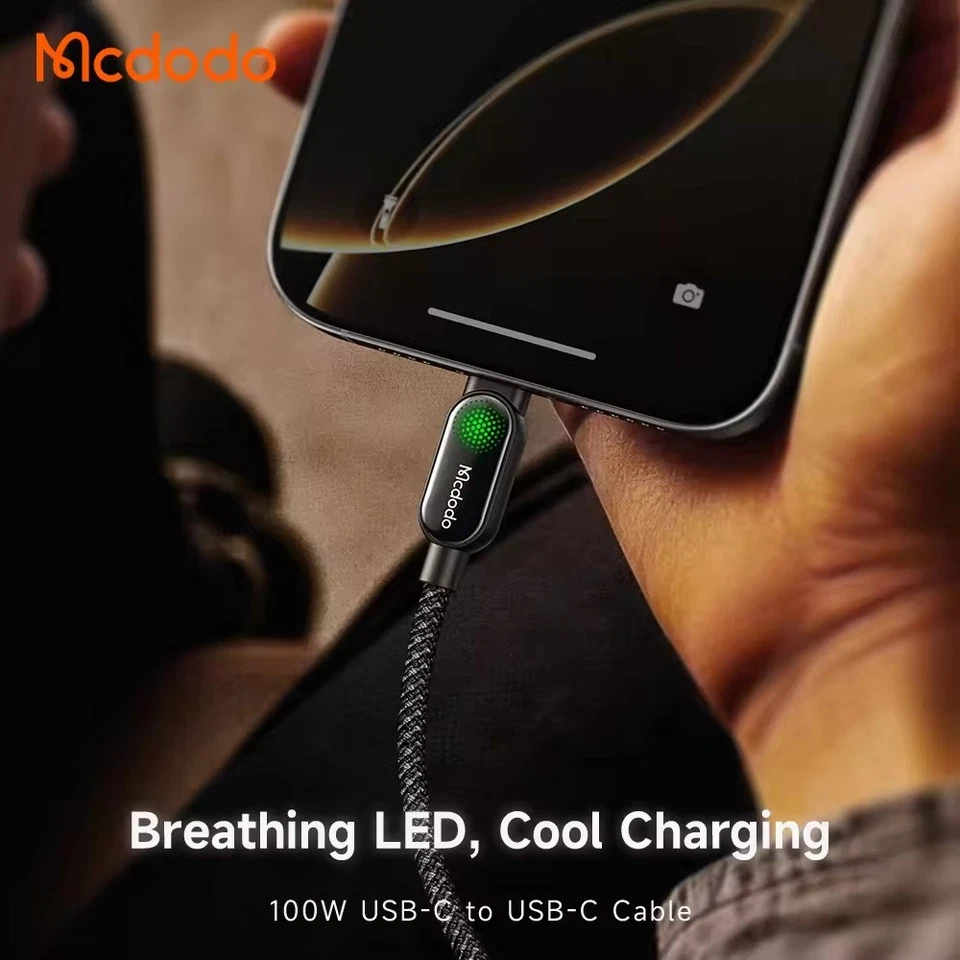 Mcdodo 100W USB-C to C Cable Neon Green Breathing Light 5A Fast Charge Braided - Image 3 of 4