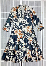 Soft Surroundings Moonglow Sz 6 Black White Tan Tiered Tea Midi Dress Button Up