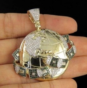 Authentic 2Ct Round Cut Diamond Men's Money Globe Pendant 14K Yellow Gold Plated