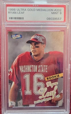1998 Fleer Ryan Leaf Football Rookie Card San Diego Chargers, Graded Mint 9