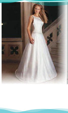 B9065 Size 12 White satin gown features half-inch straps Scoop neck low back.