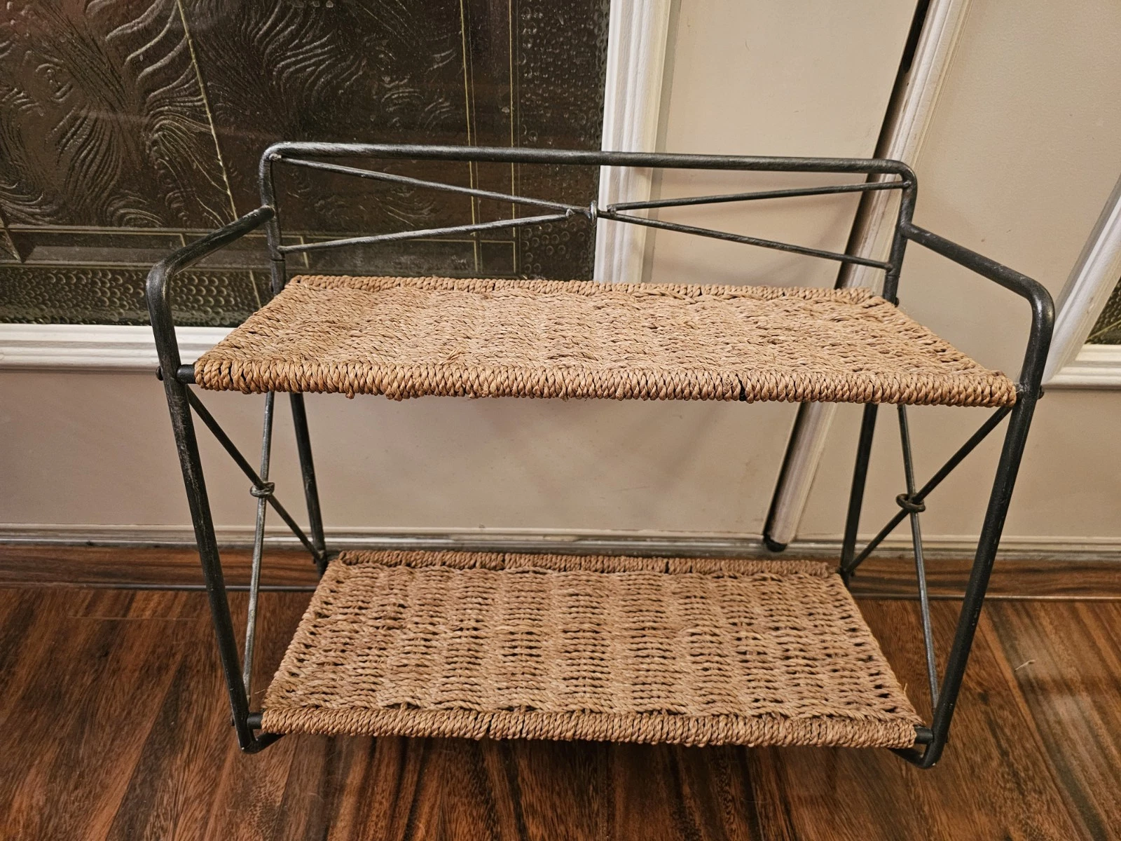 Vintage 1980's Woven Natural Rope & Iron Wall Shelf, 2 Tier-Very Good