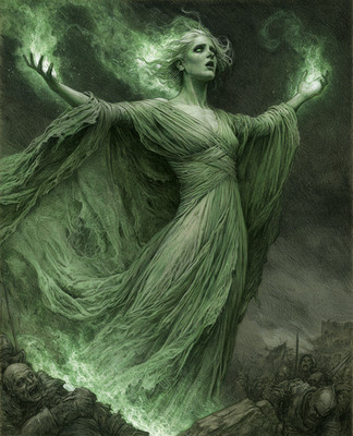 Spectral Banshee in a Flowing Green Gown Above Battlefield Print - 469173368