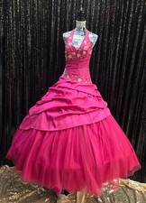 Cinderella Divine Pink Floral Embroidered Halter Ball Gown Tulle Lace-Up Back