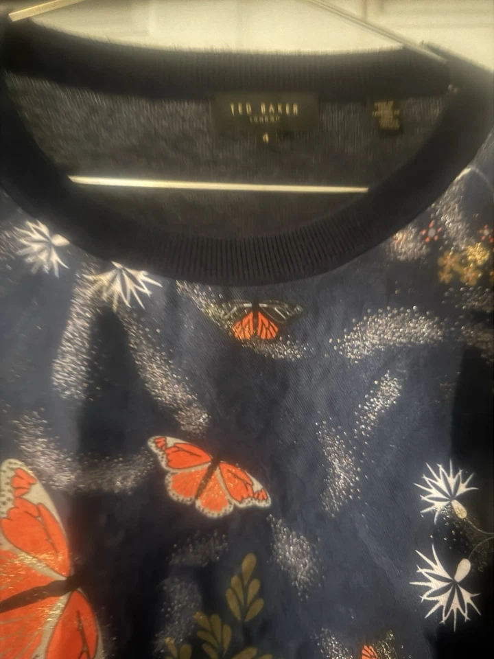 Ted Baker London 4 Large Navy Floral Butterfly Metallic Front Long Sleeve Top - Image 4 of 4