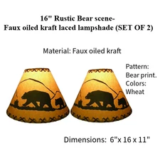 16" RUSTIC BEAR SCENIC FAUX OILED KRAFT LACED  LAMPSHADE (SET OF 2)
