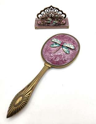 Vintage Style Argento SC Swarovski Crystal Dragonfly Hand Mirror & Card Holder