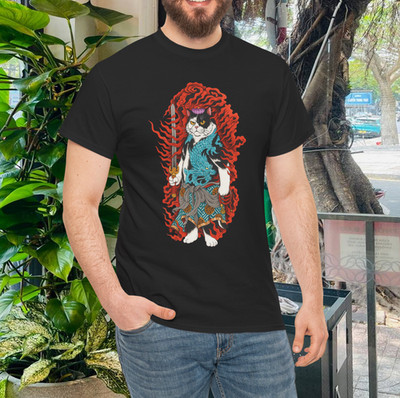 Samurai Cat T-Shirt   Japanese Warrior Cat with Dragon and Flames Design