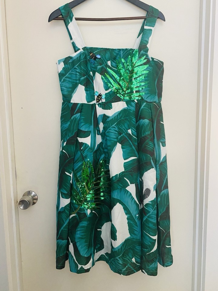Green & White Floral Sequin Sundress Square Neck Strappy Knee One Size