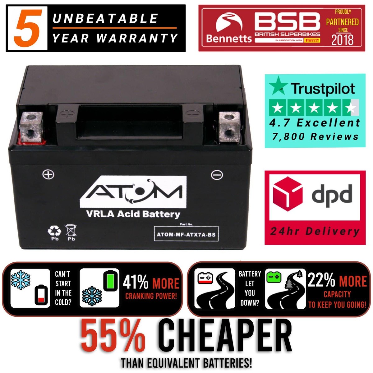 YTX7A-BS Atom AGM Motorcycle Battery 12V for Lexmoto Tommy 50