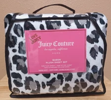 Juicy Couture 4pc QUEEN White/Black/Grey Leopard Print Plush Sheet Set Soft&Cozy