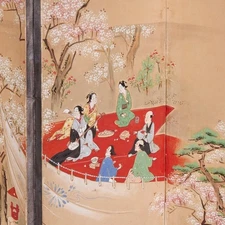 Japanese Kano School 6 Panel Gouache Painting Cherry Blossom Tabletop Screen