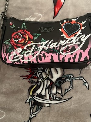 Ed Hardy Crossbody Black Flowers Black Flaming Heart Rhinestone
