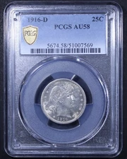 1916-D Barber Quarter - 25c PCGS AU58 - PCGS Gold Shield