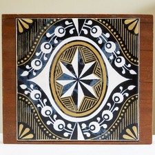 Vintage Carter Poole Pottery Tile Wood mounted Trivet Coaster plaque Mid Century