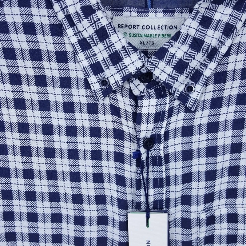 REPORT COLLECTION Shirt Mens XL Navy Check Button Down Modal Stretch Sustainable - Image 2 of 4