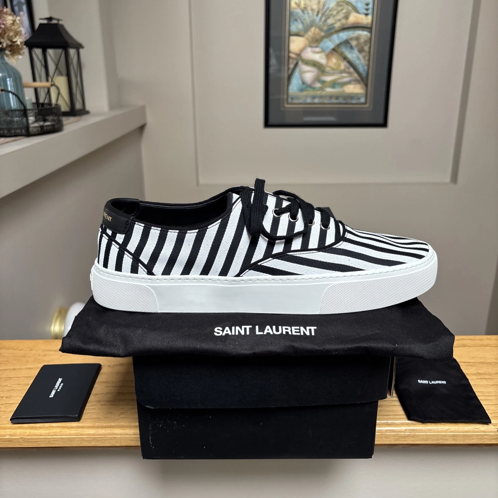 Saint Laurent — Saint Laurent Black & White Striped Sneakers - 12 US - $850 - Authentic - New