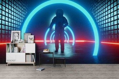 3D Neon Light Corridor Astronaut Wall Murals Wallpaper Murals Wall Sticker