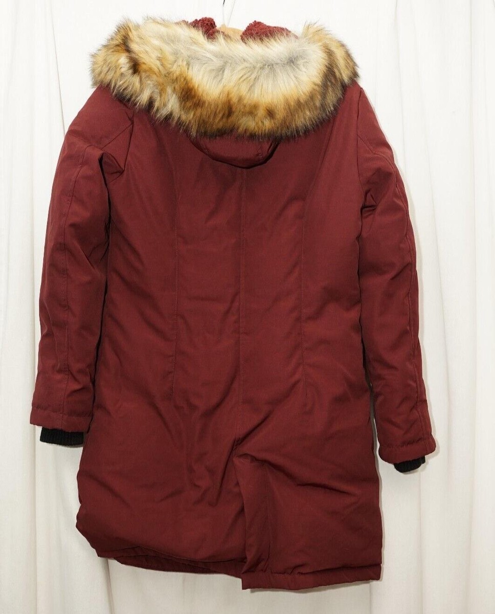 Sam Edelman Down Puffer Womens Coat Jacket Hooded Faux Fur Small S Burgundy