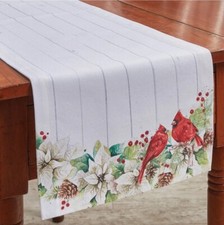 Poinsettia Pine Cardinal Christmas Table Runner Red Bird Farmhouse 54