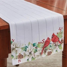 Poinsettia Pine Cardinal Christmas Table Runner Red Bird Farmhouse 54”