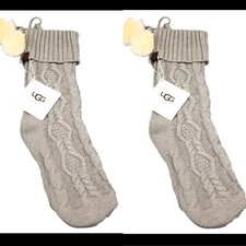 x2 UGG HOME Christmas Gray Cable Knit Stocking Set Fur Ivory Pom Poms Luxury NEW