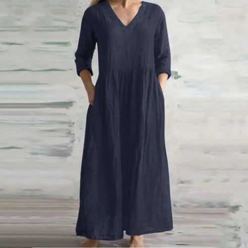 Langes Damenkleid Mit V-Ausschnitt Baumwolle Und Leinen Mit Tasche Einfarbig 〒 - Picture 8 of 17