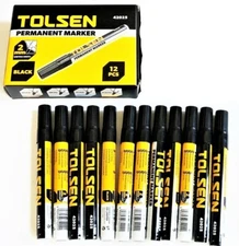 12 Tolsen Black Permanent Markers Quick Dry Non-Fading Waterproof Ink 2MM Point