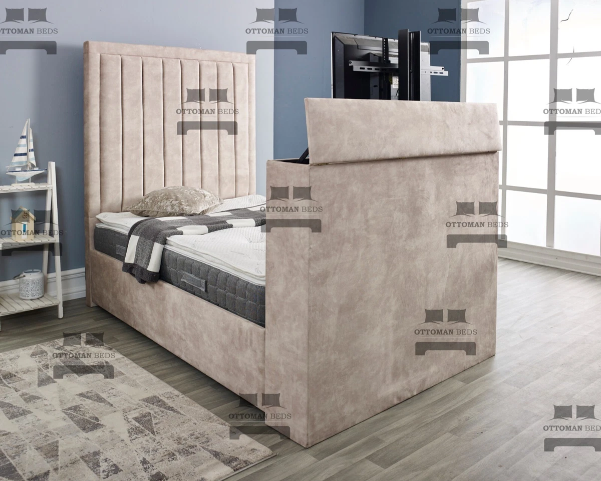 TV Bed Plush Velvet Upholstered Double King TV Bed Frame with Headboard Mattress