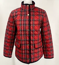 Talbots Puffer Jacket Women's Petite M Red Tartan Plaid Full Zip Snap Up Preppy