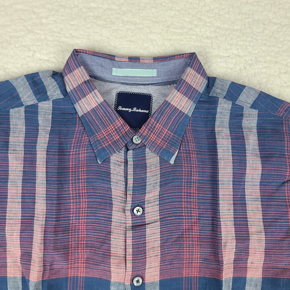 Camisa de vestir Tommy Bahama para hombre XL azul naranja a cuadros lino algodón abotonada Foto 3 de 4