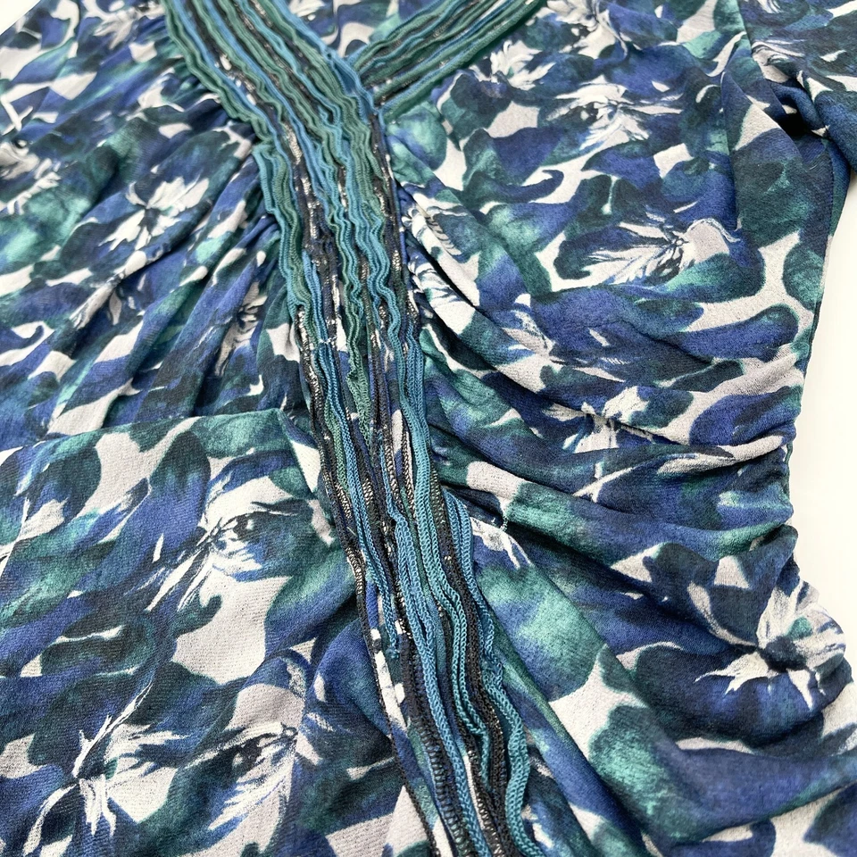 Classiques Entier 女式丝绸上衣大号褶皱青绿色弹力花卉仙女精致 — 第 4/4 张图片