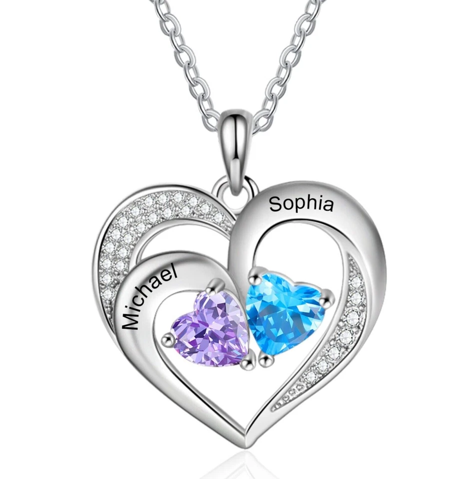 个性化双心吊坠母亲节项链 2-4 个名字和出生石 — 第 2/4 张图片