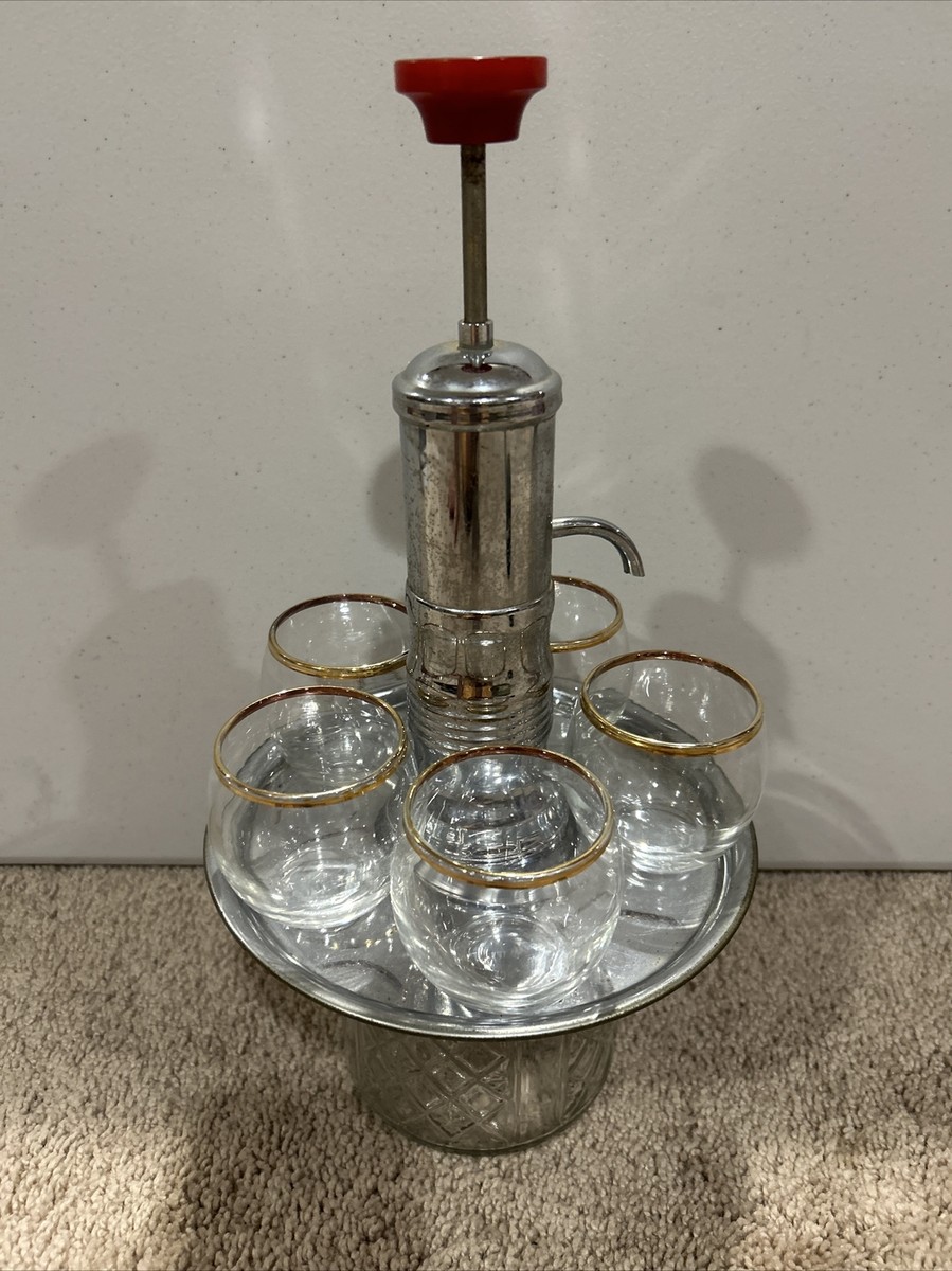Vintage MCM Liquor Dispenser Pump Decanter With Rocks Glasses in