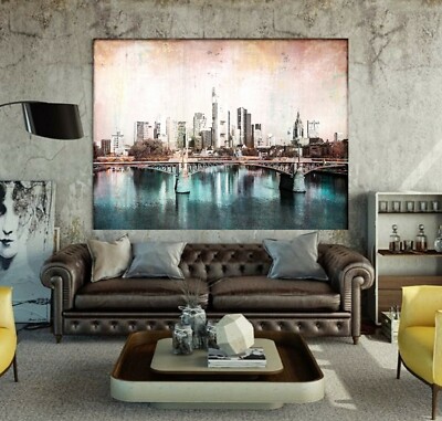 XXL LEINWAND BILD BIS 135x100x5 FRANKFURT AM MAIN SKYLINE GEMÄLDE MODERN KUNST