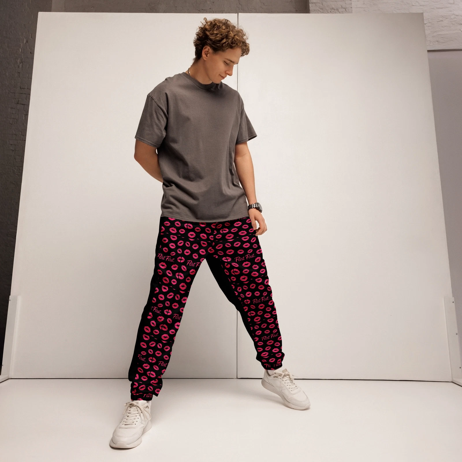 Flirt First Kiss Joggers – Pink Lips Nightlife Track Pants by Voiceritzy