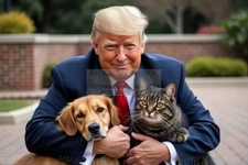 PRESIDENT DONALD TRUMP HUGGING A CAT AND DOG SMILING OUTSIDE 4X6 AI PHOTO