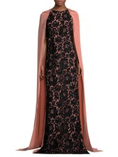 $5190 New Oscar de la Renta Peach Black Lace Embroidery Cape Caftan Gown XS S 