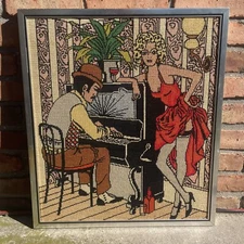 Vintage Framed Needlepoint Saloon Scene Deco Retro Metallic Threads Piano Player