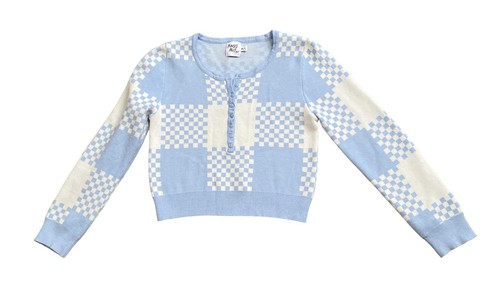 PRINCESS POLLY Girls Size M/L Blue White Plaid Cropped Pullover Henley Sweater