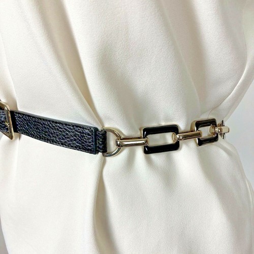 Womens Black Gold Chain Belt Medium Large Rectangular Links Mod Retro Preppy - Picture 6 of 7