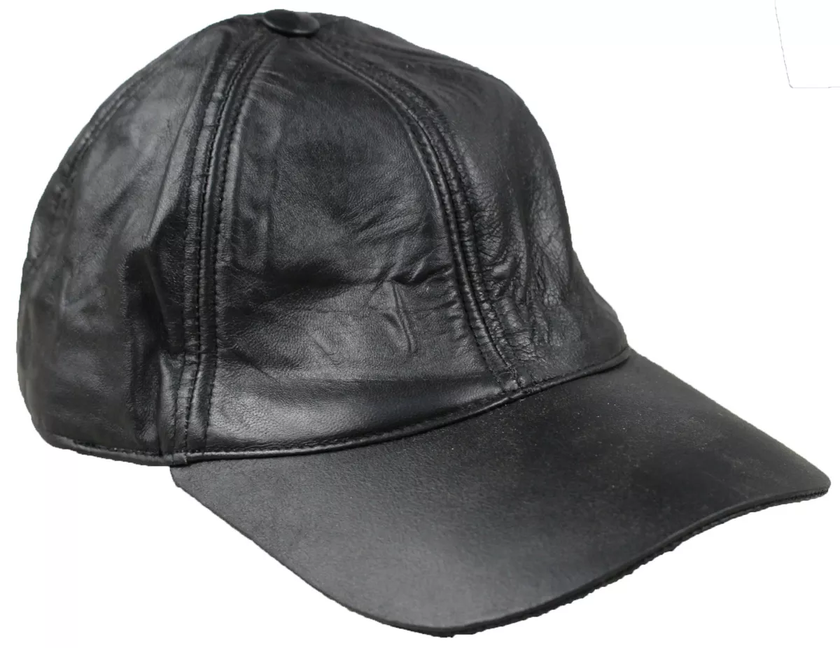 Mens Genuine 100 Black Leather Pre Curved Peak Baseball Cap Hat