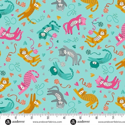 Feline Drive Fabric WHISKERS Tossed Cats Teal - Fat Quarter (18''x22'') FQ
