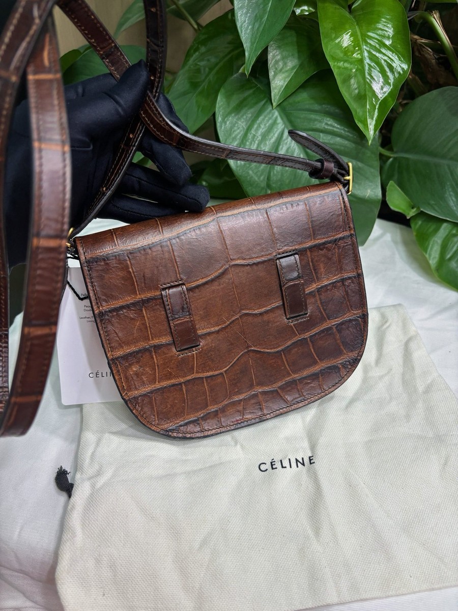 Celine Classic Crocodile Embossed Saddle Crossbody Bag Dark Brown