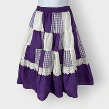Vtg Midi Skirt  L  Purple Patchwork Eylet Gingham  Festival Cottage Western