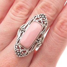 925 Sterling Silver Vintage Real Pink Opal Floral Oxidized Ring Size 7