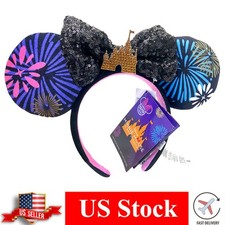 Disney-Parks Firework Headband Minnie Mouse Ears Black Sequin Castle Bow Girls